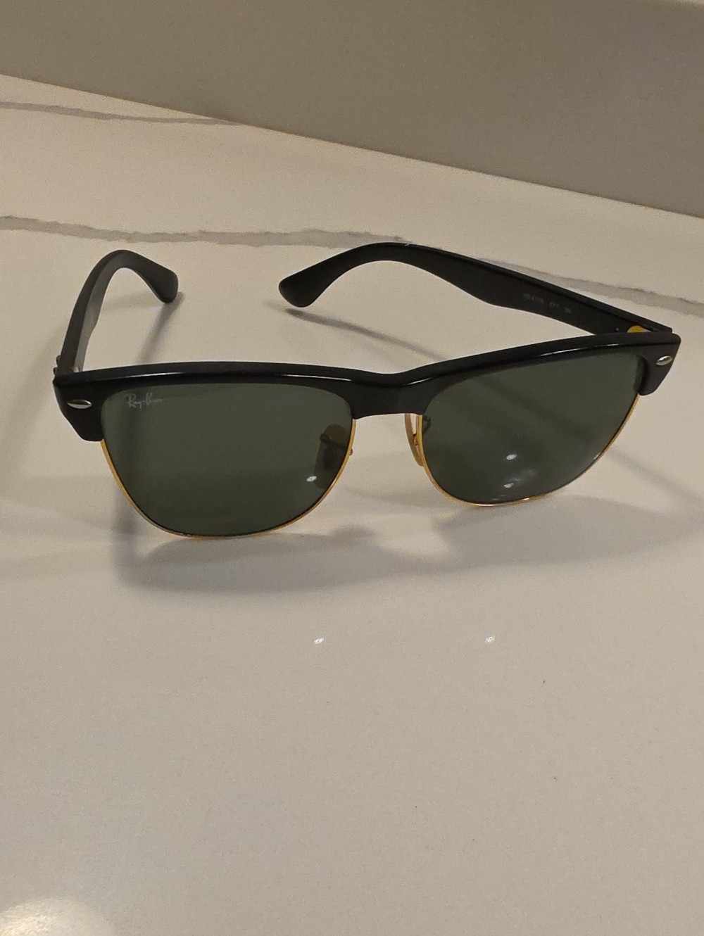 Ray-Ban Black & Gold Half-Rim Clubmaster Sunglasses with Black/dark Green Lenses